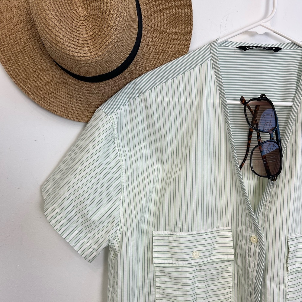 🆕Zara striped green cropped short sleeve cardigan M/L - Picture 4 of 4